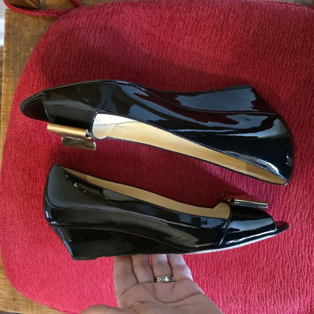 kate spade Black Patent Leather Peep-Toe Wedge Heels with Bow